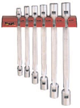 50 Double Flex Wrenches 6 piece double flex wrench set, with different size 12 point sockets at each end. Satin finish. Chrome vanadium.