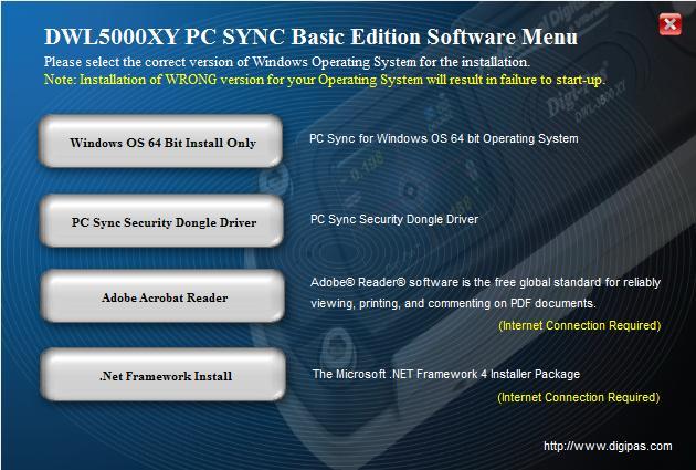 4. Operation 4.1 Installation of the DWL5000XY or DWL5500XY PC Sync Software 1. DWL5000XY or DWL5500XY PC Sync Software Basic Edition CD comes together with the tilt sensor module package.