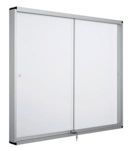 206 SharedSpaces / Signage 9A4 lockable indoor window board > Magnetic lacquered back panel > Swing door > 4 mm thick acrylic door > Anodized aluminium frame >