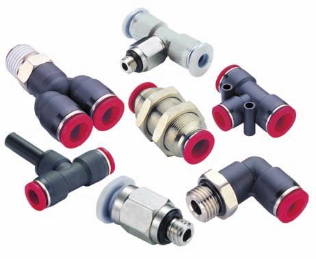 Pneufit C composite and Pneufit M fittings Metric Ø 3 to 16 mm Releasable stainless-steel grab-ring to grip nylon or polyurethane (85 or 95 durometer). Nickel plated brass components.