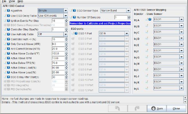 The other main setting that needs addressing to match your build is for oxygen sensor(s). Go to the Tools menu and select Calibrate AFR Table.
