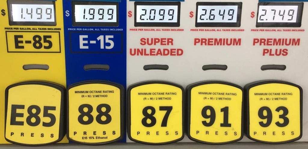 Example in the gasoline market Five fuels are being sold through one pump; extra forecourt space is not required. E85 is 28% cheaper than 87 octane (RUL).