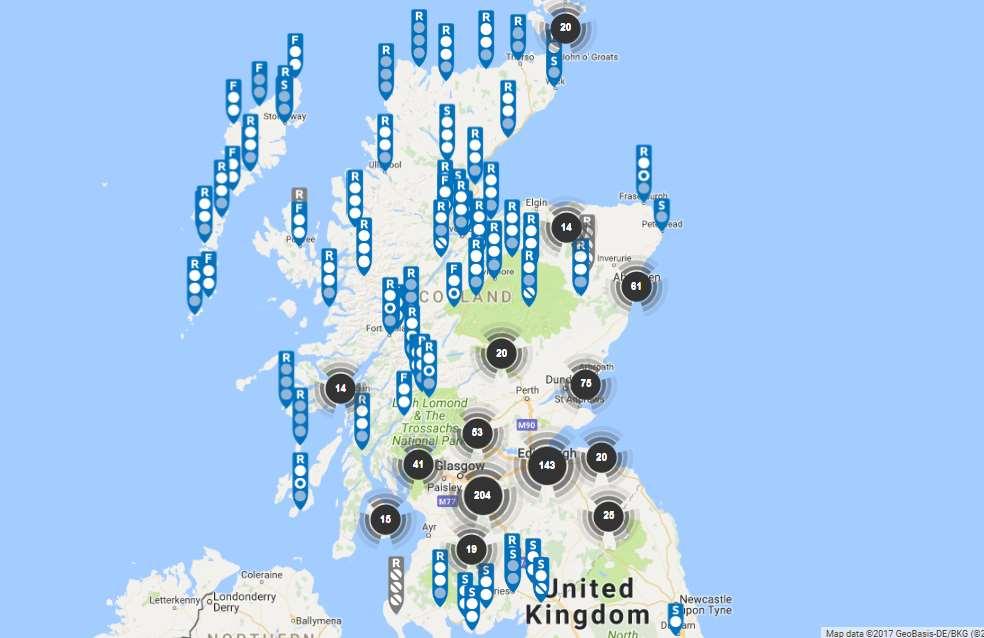 Current ChargePlace Scotland map Over 700