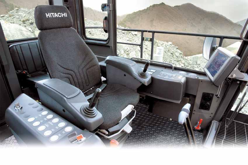 Gives the operator a clear view, even when a large 190 tonnes class dump truck is being loaded. This high height and forward-sloping cab provides a view that boosts productivity.
