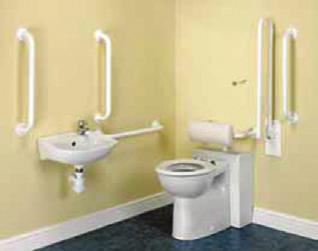 Sanitary-ware comes in white only but the rails and toilet seat are also available in blue. The pottery items are fully vitreous to compliance with British Standard and UK water regulations.