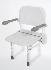 GREEN SECTION WALL MOUNTED SHOWER SEAT WITH LEGS Non padded, plastic seat, back and frame is White Load test max =