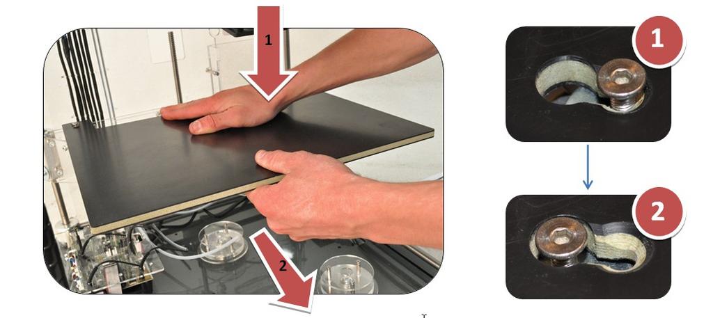 b. Check the print bed is fitted correctly Ensure that bed is correctly fitted to the printer. The three bed bolt heads should sit flush in the countersinks.