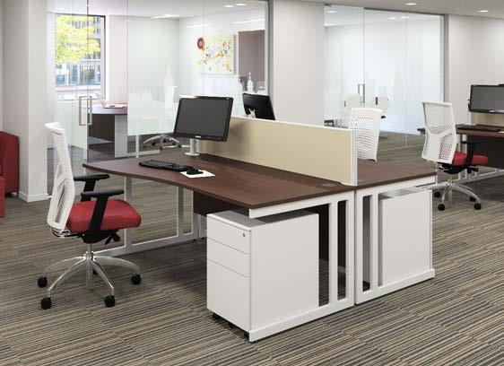 The main image shows a desk with a steel pedestal, an option to the matching