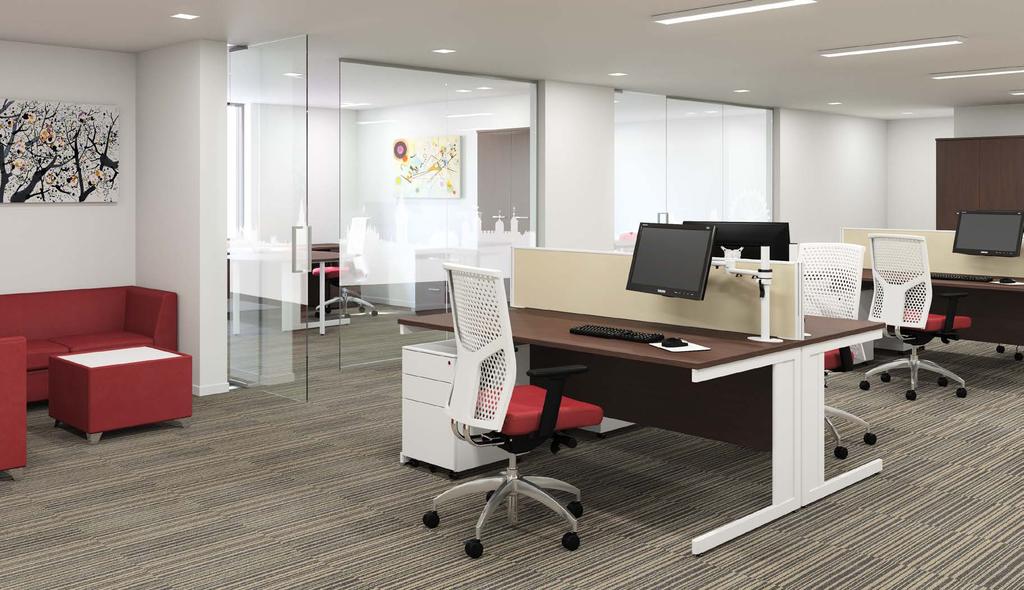 L-workstations formed using a rectangular desks and rectangular extensions with