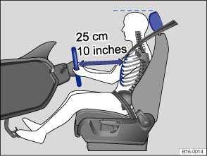 Proper seating position Fig. 33 The driver should never sit closer than 10 inches (25 cm) of the steering wheel. Fig. 34 Proper safety belt positioning and head restraint adjustment.