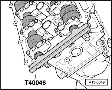 Insert -T40046- into camshafts of right cylinder head. If camshaft locators cannot be inserted, repeat adjustment. Pull out -3409-. Remove -T40046- on both cylinder heads. Remove -3242-.
