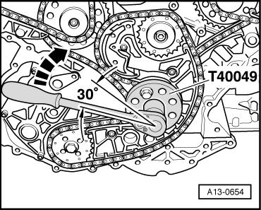 Remove -3242-. Using -T40049-, rotate crankshaft approximately 30 in opposite direction of engine rotation -arrow-.