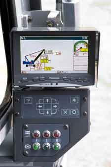 In the range out of crane working area, the LMI display panel autoatically indicates "Now, out of crane working range" with a rigging instruction, and it is
