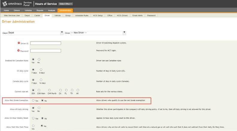 after the HOS Setup above is completed, there is a radio button that allows fleet managers to enable the rest break