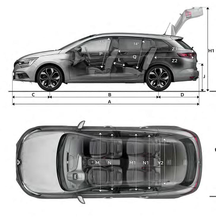 Megane Wagon DIMENSIONS (mm) A Overall length 4626 B Wheelbase 2712 C Front overhang 919 D Rear overhang 995 E Width between front wheels 1584 1574 (GT) F Width between rear wheels 1587 1577 (GT) G