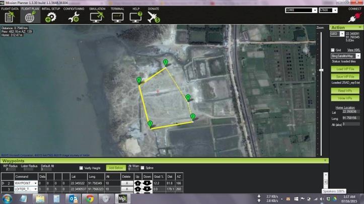 PLANNING A MISSION FOR TEST FLIGHT After the assembly, initial setup and ground video transmission testing, autonomous flight path was setup using Misiion Planner s FLIGHT PLAN tab.