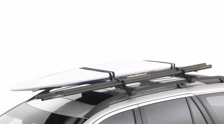 Surfboard carrier for use with square cross bars Protects the surface of the board and provides fast, simple mounting and dismounting.