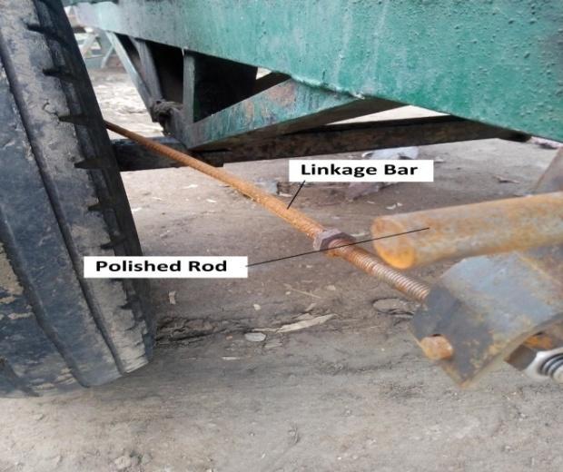 The procedure for linkage implementation is as follows: i) Weld 18mm diameter and 42inch long steel polished rod with the front side of cart chassis.