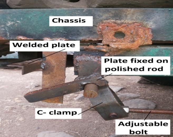 iv) Make adjustable bolting arrangement of linkage bar coming from brake lever v) Connect brake wire with notched plate on polished rod, pass it through notched welded plate welded to cart body and