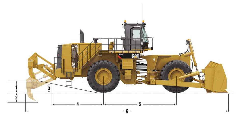 854K Wheel Loader Specifications Dimensions All dimensions are approximate. 1 Maximum Ripper Raise 1189 mm 3.