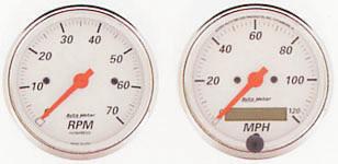 Arctic White series 2-1/16" [52.39mm] Mechanical Gauges Designed to match the In-Dash Arctic White Tachos and Speedos, these gauges feature the same red pointers and black figures.