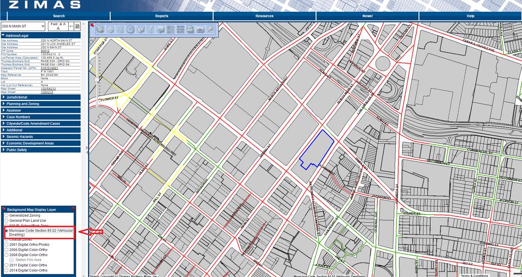 Step 4: Refer to the popup window on the bottom left corner entitled Background Map Display Layer and click on the option entitled Municipal Code Section 85.02 (Vehicular Dwelling).