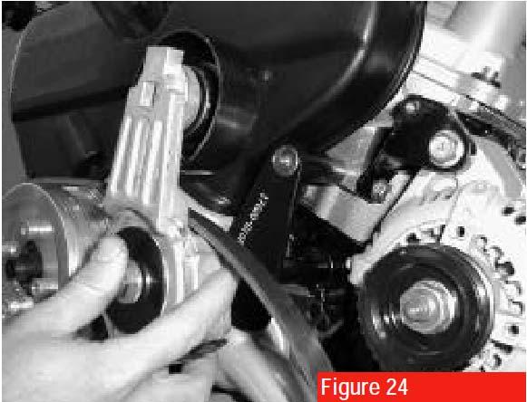 6. Remove the bolt in Location B. Set the alternator to mid point adjustment on the adjustable bracket (see figure 23).