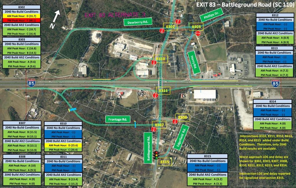 Figure 102 - Exit 83: Improvement Alternative 2 Alternative 2 replaces the existing Exit 83 interchange with a partial cloverleaf interchange, with a southbound loop off-ramp located in the northwest