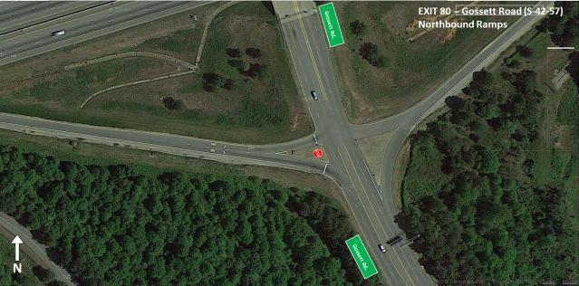right turn movement onto the on-ramp is signed to yield to traffic turning left from southbound Gossett Road. The northbound ramp intersection is shown in Figure 9.