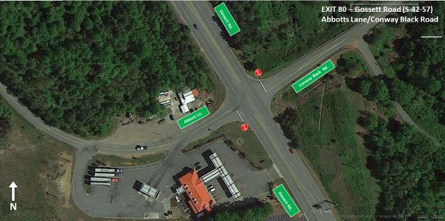 Figure 12 - Exit 80: Gossett Road at Abbotts Lane/Conway Black Road Exit 82 Bud s Drive (S-42-1012)/Bud Arthur Bridge Road (S-42-737/1013) This interchange consists solely of a northbound off-ramp,
