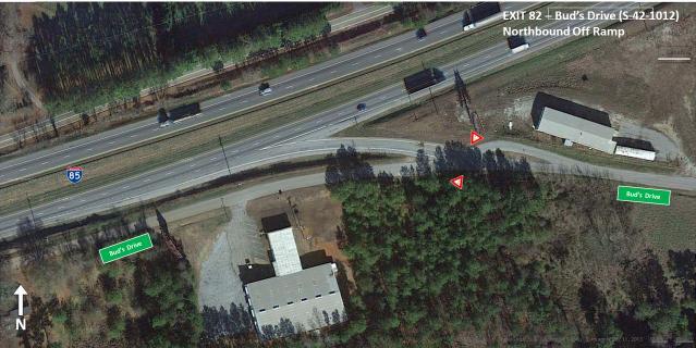 Arthur Bridge Road is located approximately 1,180 feet southeast of the intersection of the offramp with Buds Drive.