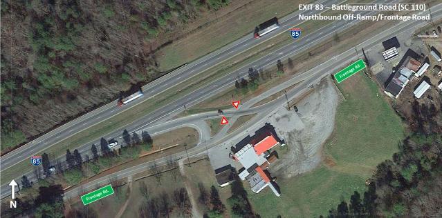 Figure 17 - Exit 83: Northbound Off-Ramp at Frontage Road To intersect Battleground Road, traffic exiting the off-ramp continues east on Bud Arthur Bridge Road running parallel to northbound I-85,