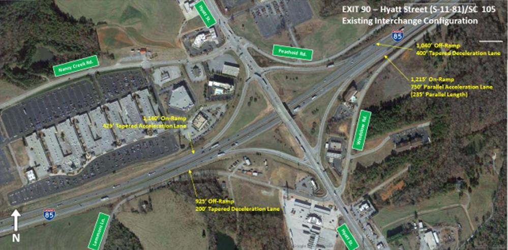 Figure 30 - Exit 90: Existing Interchange Configuration The northbound off-ramp is approximately 925 feet long, starting as a single lane ramp with a tapered deceleration lane approximately 200 feet
