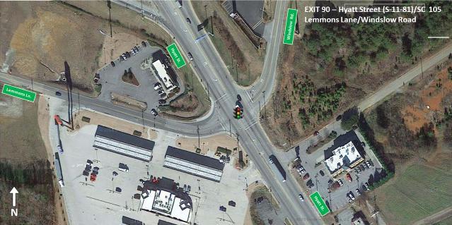 of a shared left turn-through lane and a separate right turn lane providing approximately 65 feet of storage.