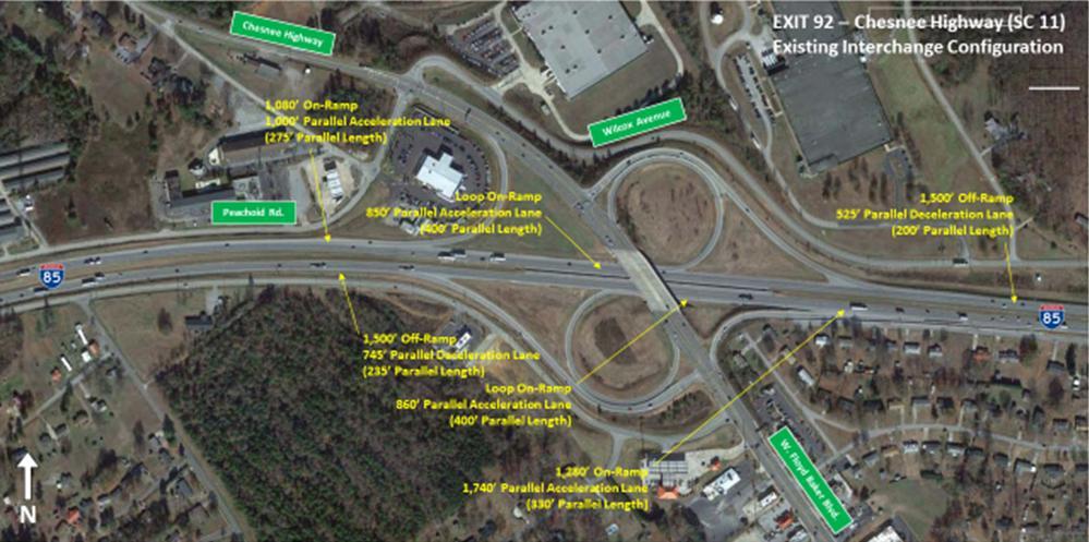 Figure 35 - Exit 92: Existing Interchange Configuration The northbound off-ramp is approximately 1,500 feet long, starting as a single lane ramp with a parallel deceleration lane approximately 745