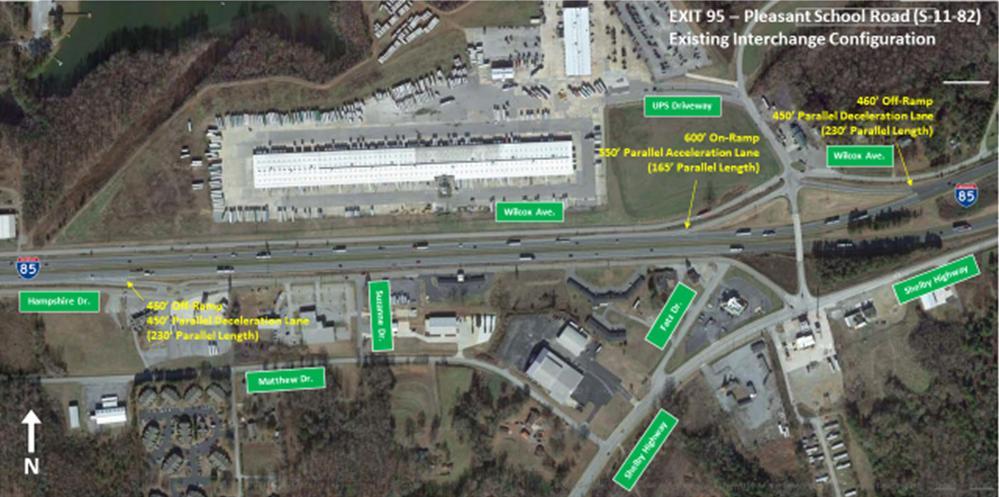 Figure 40 - Exit 95: Existing Interchange Configuration The northbound off-ramp, which diverges from northbound I-85 approximately 3,440 feet west of the Pleasant School Road overpass, has a posted