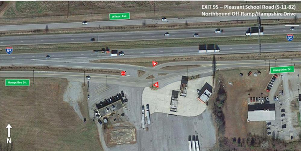 Figure 41 - Exit 95: Northbound Off-Ramp and Hampshire Drive To intersect Pleasant School Road, traffic exiting the off-ramp must continue eastbound on the two lane, two-way portion of Hampshire