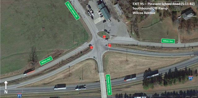 Figure 42 - Exit 95: Pleasant School Road and Southbound Ramps Pleasant School Road Pleasant School Road (S-11-82) is a two lane roadway that begins at Shelby Highway approximately 560 feet south of