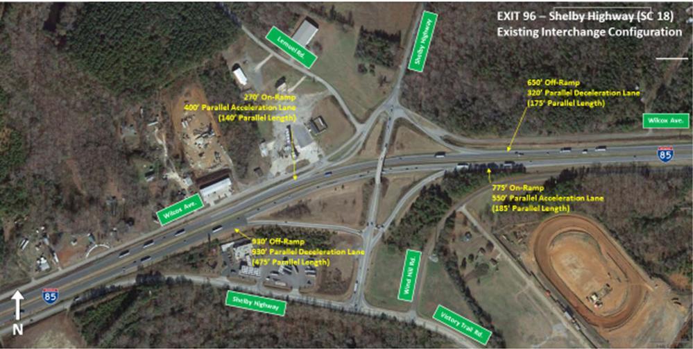 Figure 48 - Exit 96: Existing Interchange Configuration The northbound off-ramp is approximately 930 feet long, starting as a single lane ramp with a 750 feet long parallel deceleration lane (with a