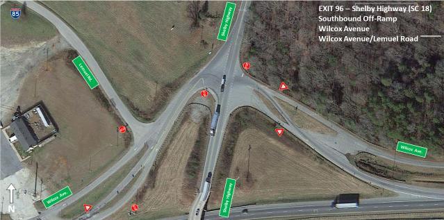 Figure 50 - Exit 96: Shelby Highway and Wilcox Avenue/Southbound Ramps The southbound on-ramp diverges from Wilcox Avenue approximately 270 feet from the merging gore point.