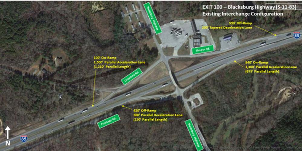 Exit 100 Blacksburg Highway (S-11-83) This interchange is a diamond interchange carrying traffic to and from Blacksburg Highway.