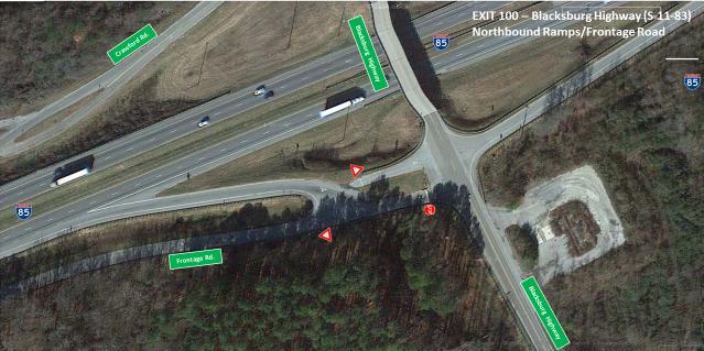 The northbound on-ramp is approximately 840 feet long. The single lane ramp merges into I-85 with a 1,300 feet long parallel acceleration lane (with a parallel length of approximately 675 feet).