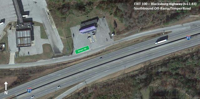 Figure 57 - Exit 100: Southbound Off-Ramp and Simper Road At its intersection with Blacksburg Highway, the combined southbound off-ramp/simper Road approach provides a stop sign controlled single