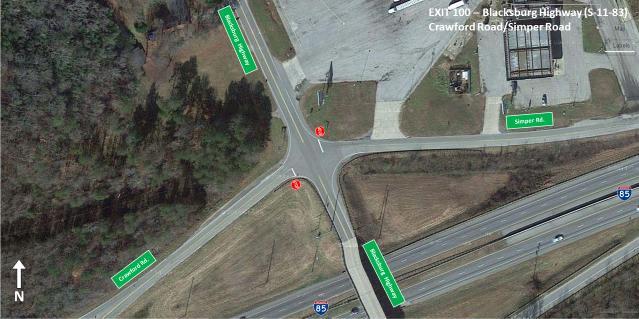 Figure 58 - Exit 100: Blacksburg Highway and Crawford Road/Simper Road Approximately 450 feet west of Blacksburg Highway, an unsignalized crossover intersection begins that separates the on-ramp