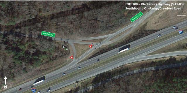 Figure 59 - Exit 100: Southbound On-Ramp and Crawford Road Blacksburg Highway Blacksburg Highway within the interchange area is a two lane roadway with a posted 35 miles per hour speed limit.