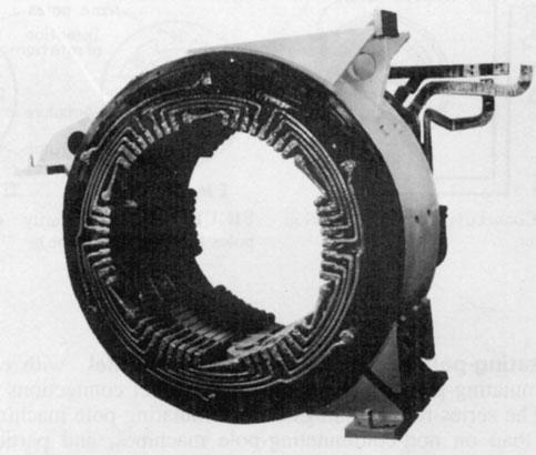 GENERATORS AND MOTORS 7.15 FIGURE 7.22C Frame and field structure of a dc motor showing compensating windings in the faces of the main poles. [Westinghouse Electric Corp.