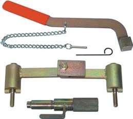 Tool set for locking and/or positioning camshafts, crankshaft and injection pump shaft. It can alsobe used to tension the timing belt.