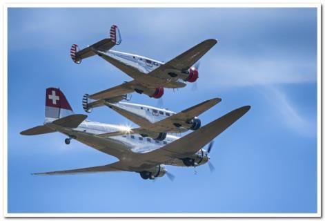 The next formation display was called the Classic Formation which was a Swiss Air DC-3 and 2 Beechcraft 18 s that did a few fly pasts and then breaking away. It made a beautiful sight.