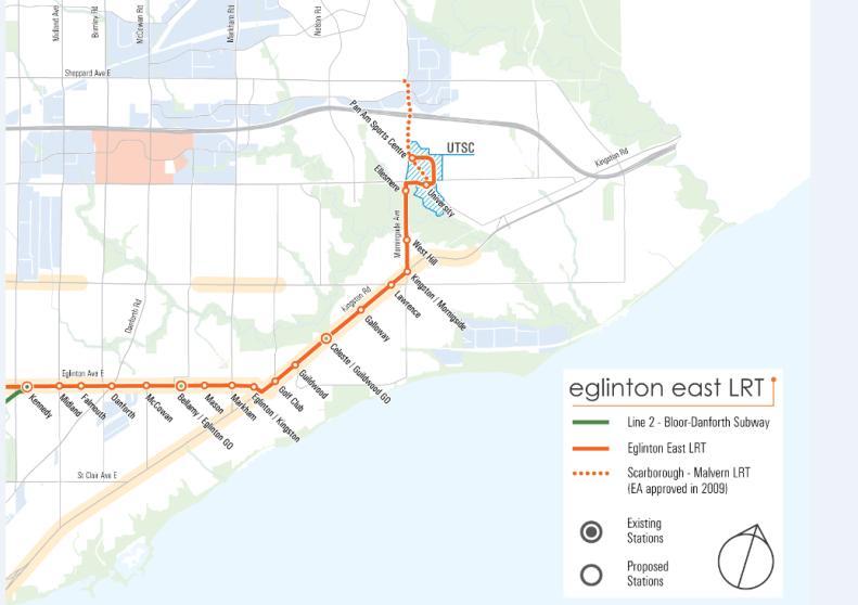 Eglinton East LRT The Eglinton East LRT would extend the Crosstown east along Eglinton Avenue East, Kingston Road and Morningside Avenue to the University of Toronto, Scarborough Campus, to improve