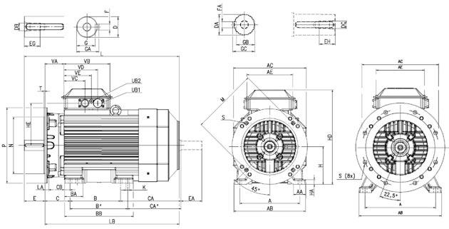 Industrial performance aluminum motors M3AA 200-225 Dimension drawings Foot- and flange-mounted motor; IM B35 (IM 200, IM 2002 M3AA 200 M3AA 225 IM B35 (IM 200, IM 2002 Motor A AA AB AC AE B B BA BB